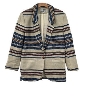 Maurizio Ramani Blazer Womens Large‎ Cream Blue  Striped Jacket Western Vintage